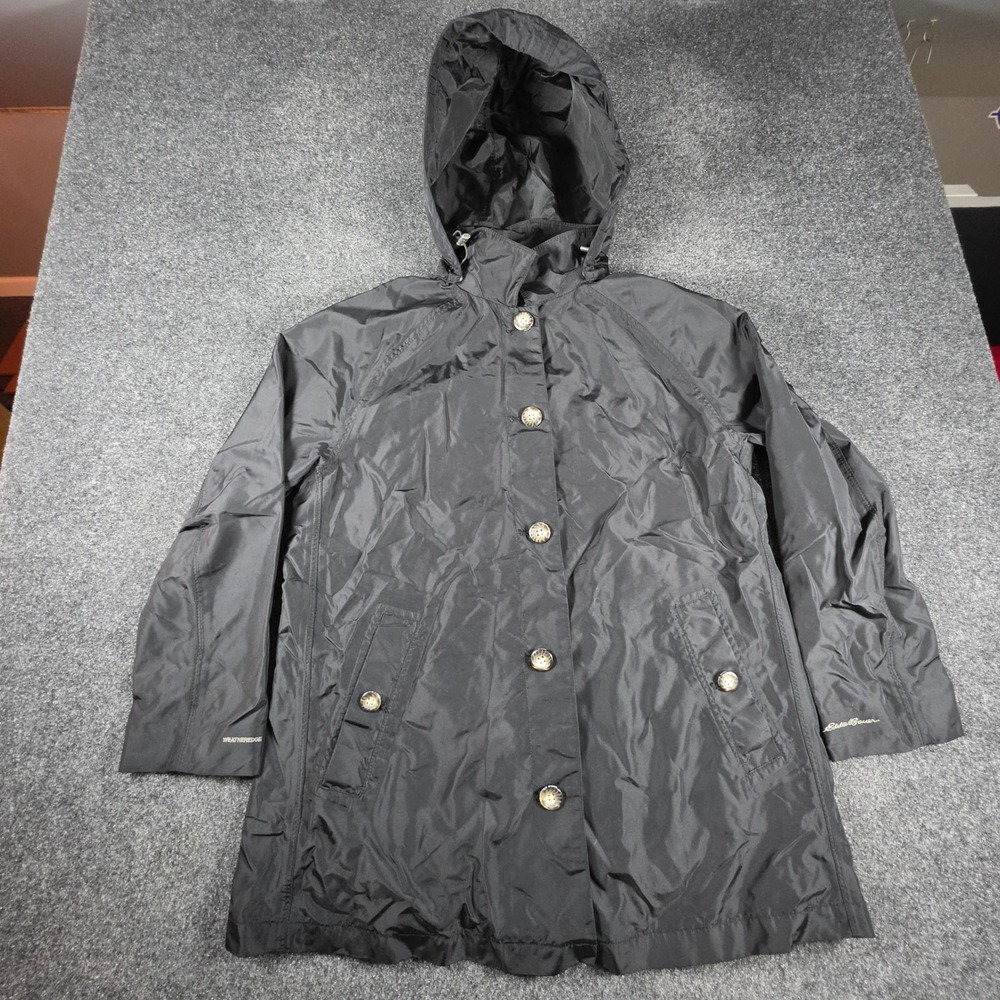 Eddie Bauer Weatheredge Hooded Rain Jacket Women L Black Button Trench Coat